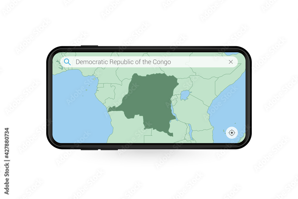 Searching map of DR Congo in Smartphone map application. Map of DR Congo in Cell Phone. Searching map of DR Congo in Smartphone map application. Map of DR Congo in Cell Phone.