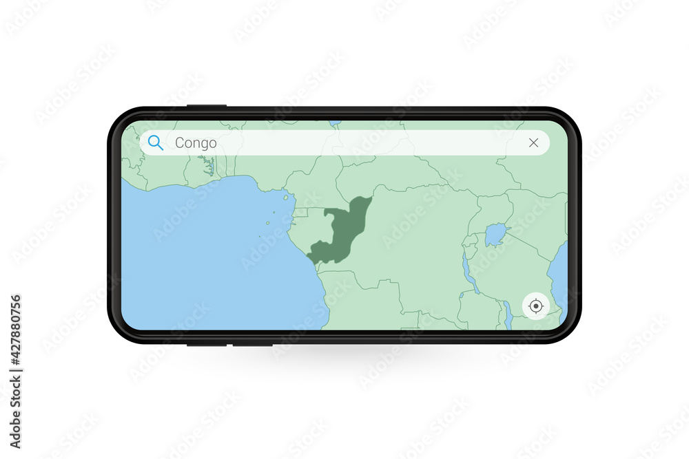 Searching map of Congo in Smartphone map application. Map of Congo in Cell Phone.