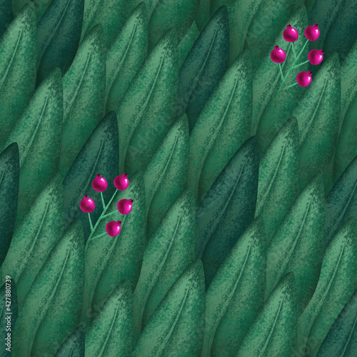 Seamless pattern of grass, leaves with red berries. Can be used for printing on fabric, paper, in illustration, and for your design.