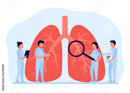 Lung diagnosis healthcare. Concept of lung disease, pulmonology, cancer, pneumonia, tuberculosis. Internal organ inspection check doctors. Respiratory system examination and treatment. Vector