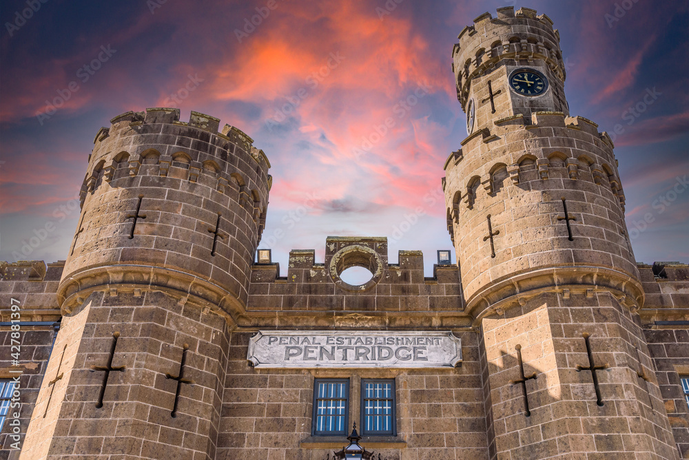 The front entrance towers and main sign of the former Pentridge Prison in Coburg, Australia as seen from the street. The site is being redeveloped into a residential district