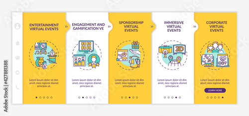 Remote events kinds onboarding vector template. Responsive mobile website with icons. Web page walkthrough 5 step screens. Entertainment, sponsorship color concept with linear illustrations