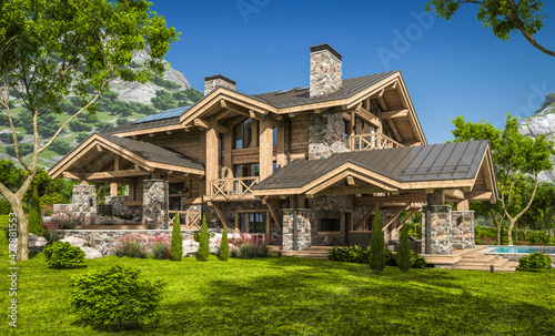 3d rendering of modern cozy chalet with pool and parking for sale or rent. Beautiful forest mountains on background. Massive timber beams columns. Clear sunny summer day with cloudless sky.