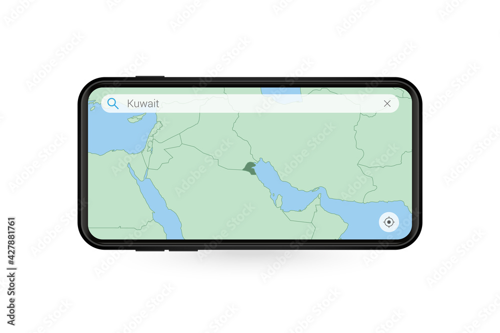 Searching map of Kuwait in Smartphone map application. Map of Kuwait in Cell Phone. Searching map of Kuwait in Smartphone map application. Map of Kuwait in Cell Phone.