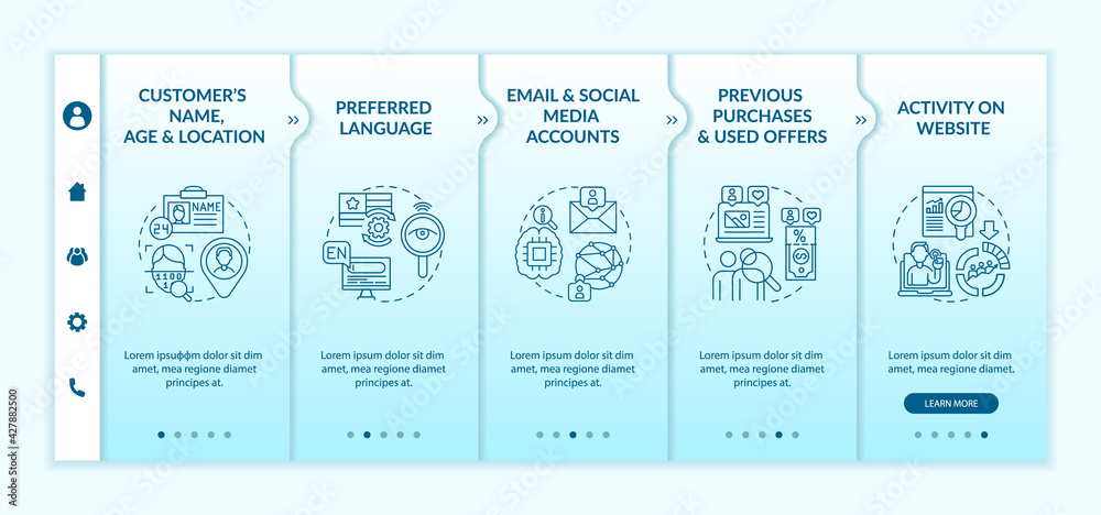 Smart content analytics criteria onboarding vector template. Responsive mobile website with icons. Web page walkthrough 5 step screens. Digital marketing color concept with linear illustrations