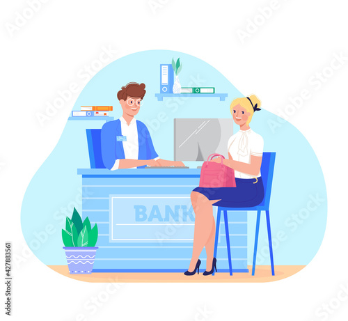 Banking, inscription bank, man at table in office, joyful female client, credit finance, design cartoon style vector illustration.