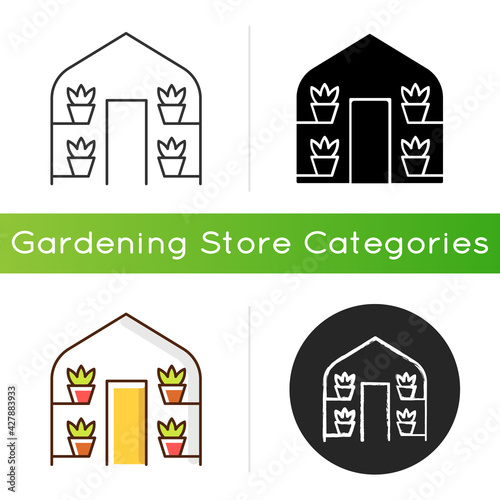 Greenhouses icon. Structure with walls and roof in which plants requiring regulated climatic conditions are grown. Linear black and RGB color styles. Isolated vector illustrations