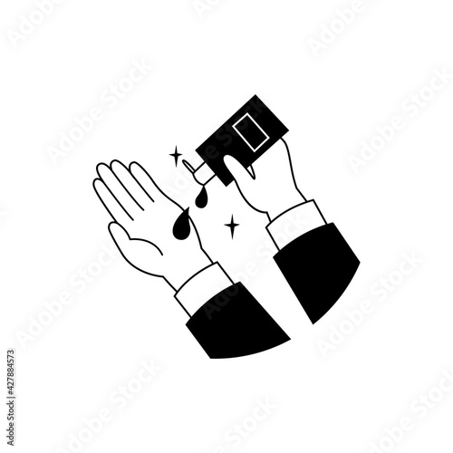 Washing hands with antibacterial hand sanitizer, disinfectant gel symbol in cartoon flat vector illustration isolated on white background