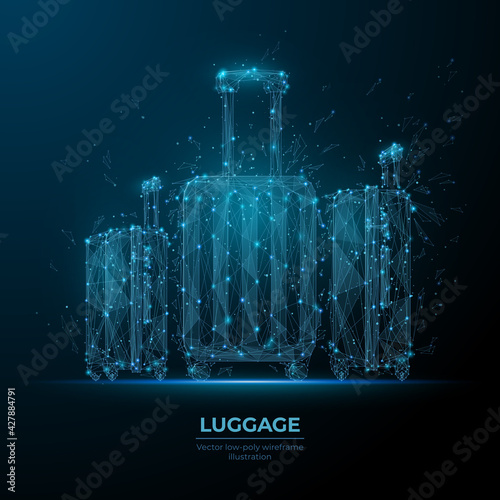 Digital image of luggage in dark blue. Abstract vector suitcases with wheels. Low poly glowing mesh with dots, lines, stars and flying particles. Travel, recreation, business or family trip concept