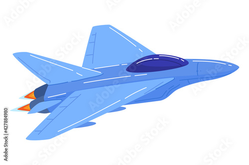 Air transport, military fighter, usaf aviation blue color jet aircraft, cartoon style vector illustration, isolated on white.