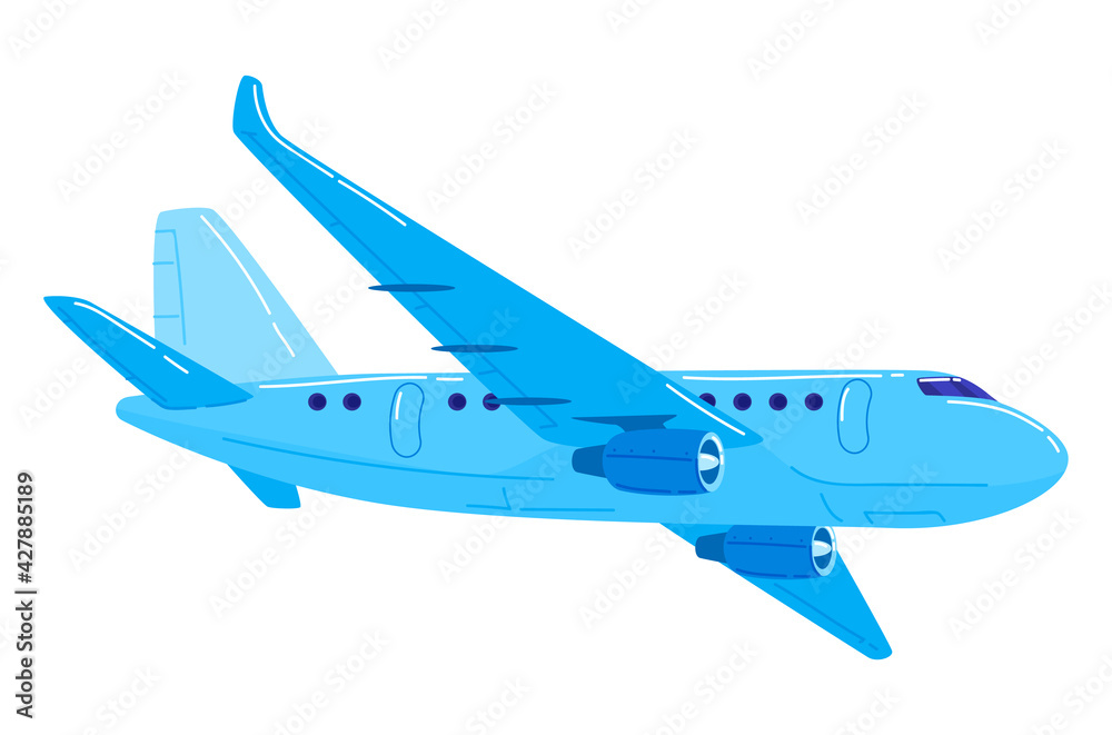 Air transport, jet aircraft blue color, passenger plane is flying to airport, cartoon style vector illustration, isolated on white