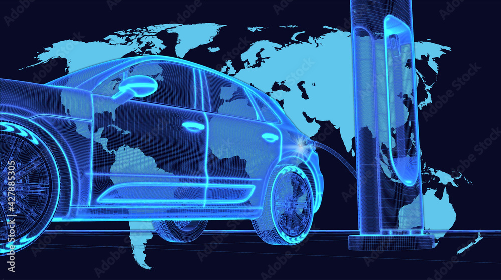 Electro mobility e-motion concept. Digital electric car at charging station  on world map background, 3D illustration. Illustration Stock | Adobe Stock