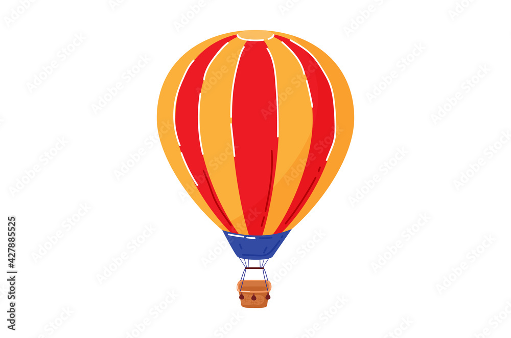 Obraz premium Air transport, big balloon with basket, transportation for travel, vehicle, cartoon style vector illustration, isolated on white.