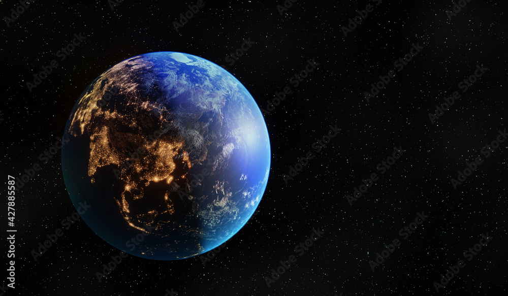 beautiful planet earth in space city lights. 3d render. africa, india, europe asia