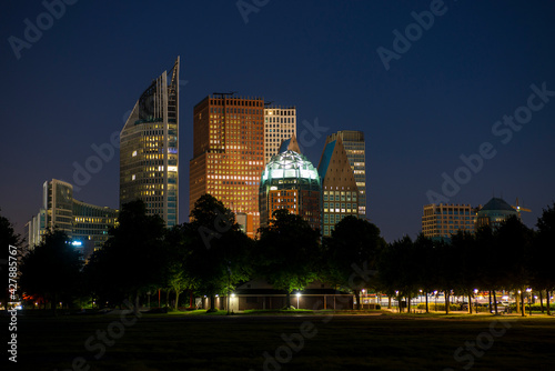 Skyline of the Hague, The Netherlands at night seen from Malieveld