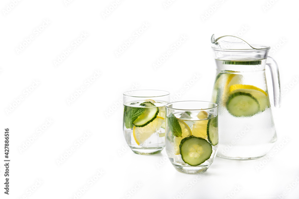 Sassy water or water with cucumber and lemon isolated on white background. Copy space Sassy water or water with cucumber and lemon isolated on white background. Copy space