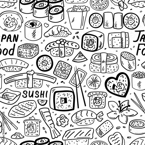 Sushi  rolls  pattern  doodle  sketch  vector illustration for advertising. Picture for wrapper
