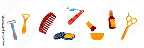 Hairdressing tools, set for hairdresser, beauty salon, hair care equipment, cartoon style vector illustration, isolated on white.