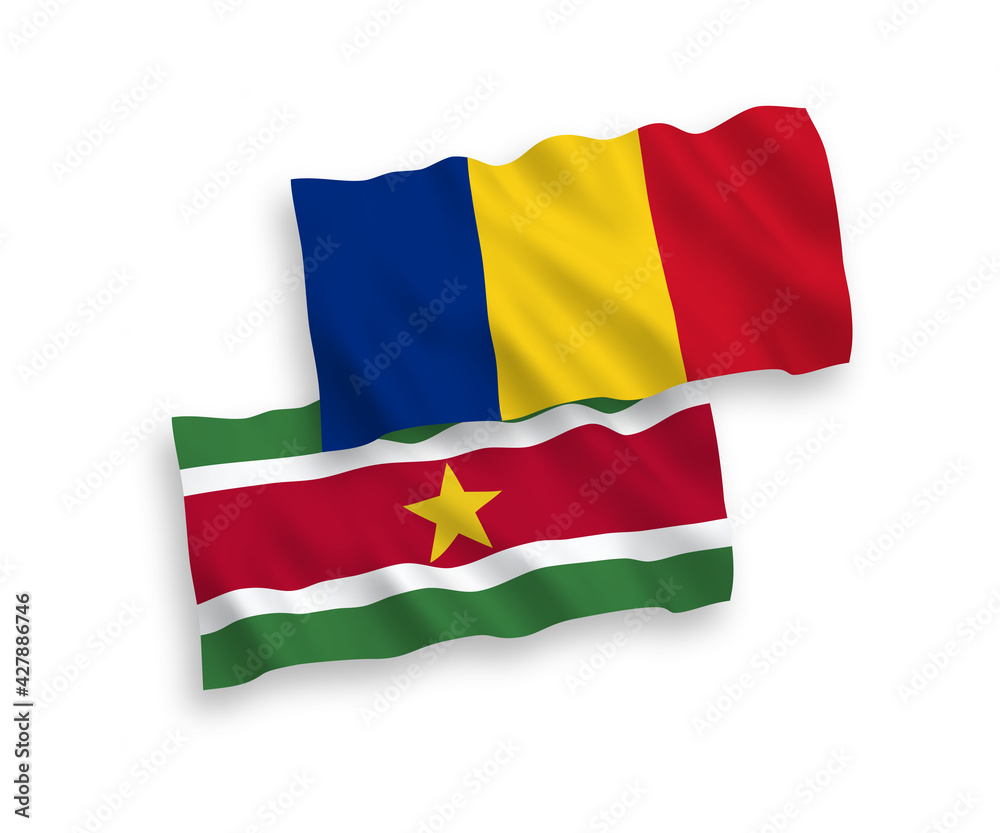 Flags of Romania and Republic of Suriname on a white background Flags of Romania and Republic of Suriname on a white background