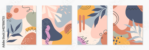 Bundle of mid century modern abstract vector illustrations with organic shapes and leaves.Minimalistic art prints.Trendy artistic designs perfect for banners;social media,invitations;branding,covers