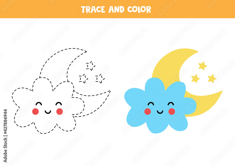Fototapeta premium Trace and color cute kawaii cloud and moon. Worksheet for kids.