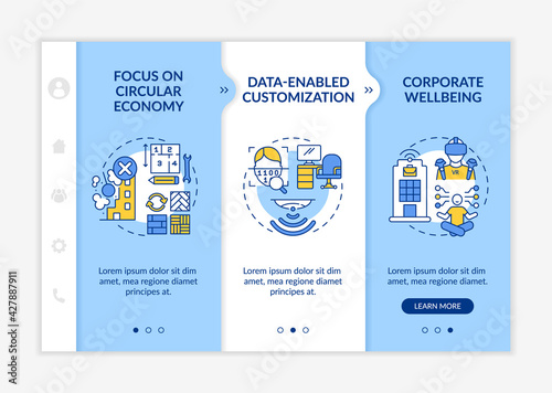 Future office design shifts onboarding vector template. Responsive mobile website with icons. Web page walkthrough 3 step screens. Circular economy, wellbeing color concept with linear illustrations