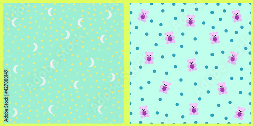 Set of vector seamless patterns. Moon, stars, bears, bedding circles, digital art for kids flyer, poster, cover, textile print, wrapping paper, clothes, napkins, diapers. 