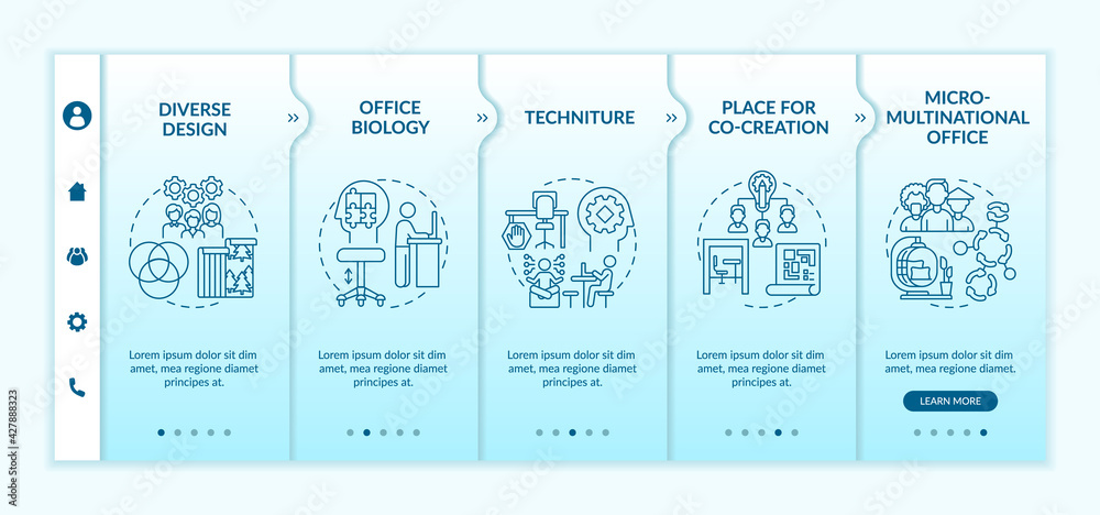 Workspace tendencies onboarding vector template. Responsive mobile website with icons. Web page walkthrough 5 step screens. Office biology, co-creation place color concept with linear illustrations