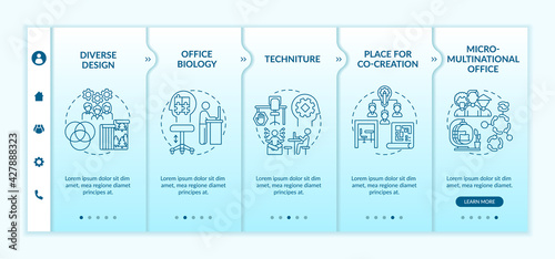 Workspace tendencies onboarding vector template. Responsive mobile website with icons. Web page walkthrough 5 step screens. Office biology, co-creation place color concept with linear illustrations
