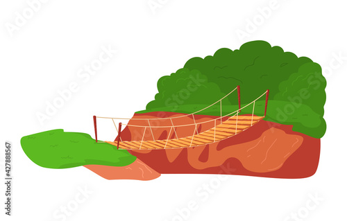 Rope bridge with planks, pedestrian suspension bridge over abyss, design cartoon style vector illustration, isolated on white.