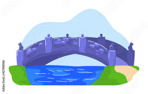 Stone vintage bridge over river, pedestrian crossing over stream, nature outdoors, cartoon vector illustration, isolated on white.