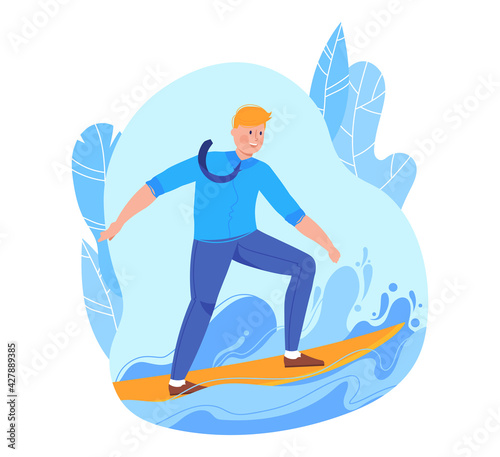 Business in sports, successful businessman, concept man on surfboard conquers wave, cartoon vector illustration, isolated on white