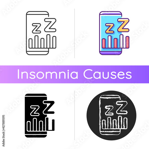 Sleep phase app icon. Smartphone application for sleep tracking. Monitoring cycles with mobile software. Statistics diagnostic. Linear black and RGB color styles. Isolated vector illustrations