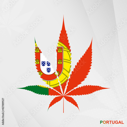 Flag of Portugal in Marijuana leaf shape. The concept of legalization Cannabis in Portugal.