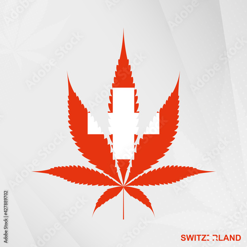 Flag of Switzerland in Marijuana leaf shape. The concept of legalization Cannabis in Switzerland.