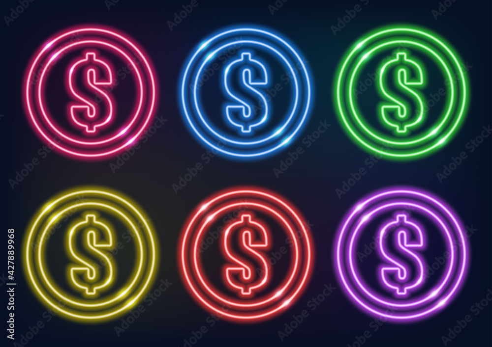 Neon sign. Money in neon style. Set of neon dollar coins. Glowing lines on a dark background. Neon sign. Money in neon style. Set of neon dollar coins. Glowing lines on a dark background.