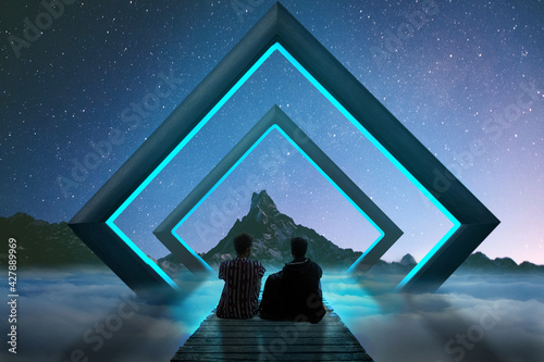 people in the night sky above the clouids