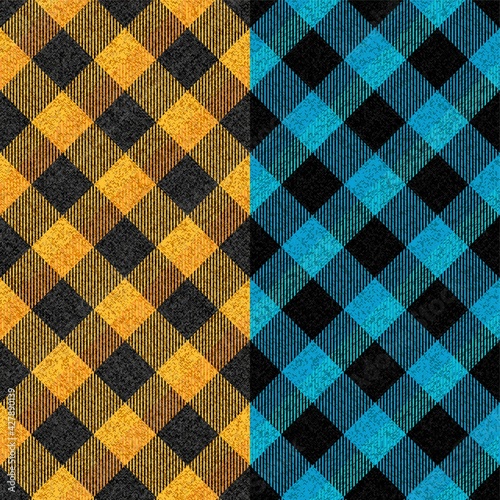 set of 2 seamless textures of classic coat tweed yellow or blue on black checkered stripes ragged old grungy fabric for gingham, plaid, tablecloths, shirts, tartan, clothes, dresses, bedding, blankets