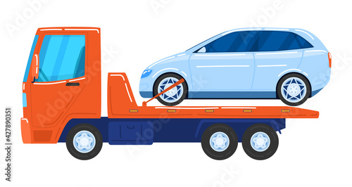 Modern cars, tow trucks, special vehicles for automobile transportation, cartoon style vector illustration, isolated on white.