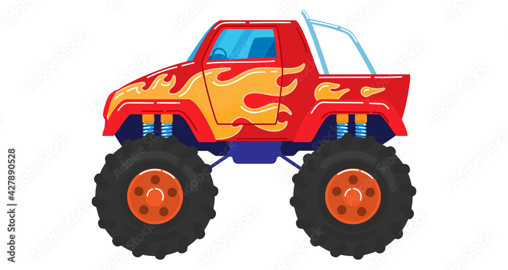 Converted cars, truck on big wheels, heavy vehicle, powerful engine, design cartoon style vector illustration, isolated on white.