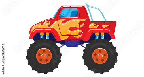 Converted cars, truck on big wheels, heavy vehicle, powerful engine, design cartoon style vector illustration, isolated on white.
