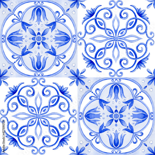 Blue watercolor ornaments on the tiles. Seamless pattern. Watercolour illustration.