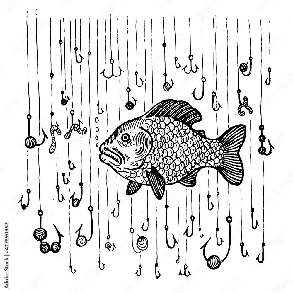 Fish and a lot of fish hooks, vector illustration. Drawing with an ink pen and pencil. A collection of fish.