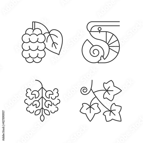 Seasonal allergen causes linear icons set. Mulberry on branch. Poplar tree pollen. English ivy. Customizable thin line contour symbols. Isolated vector outline illustrations. Editable stroke
