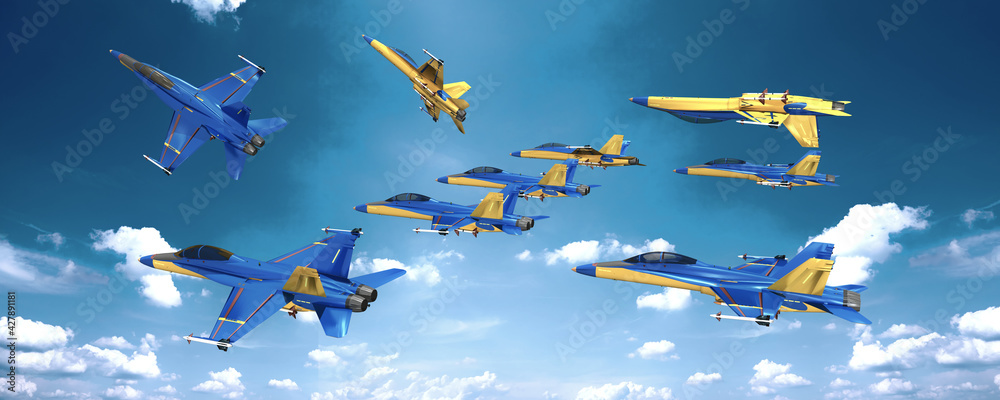 3d Kunstflug, Formationsflug mit Kampfjet am Himmel 3d Kunstflug, Formationsflug mit Kampfjet am Himmel