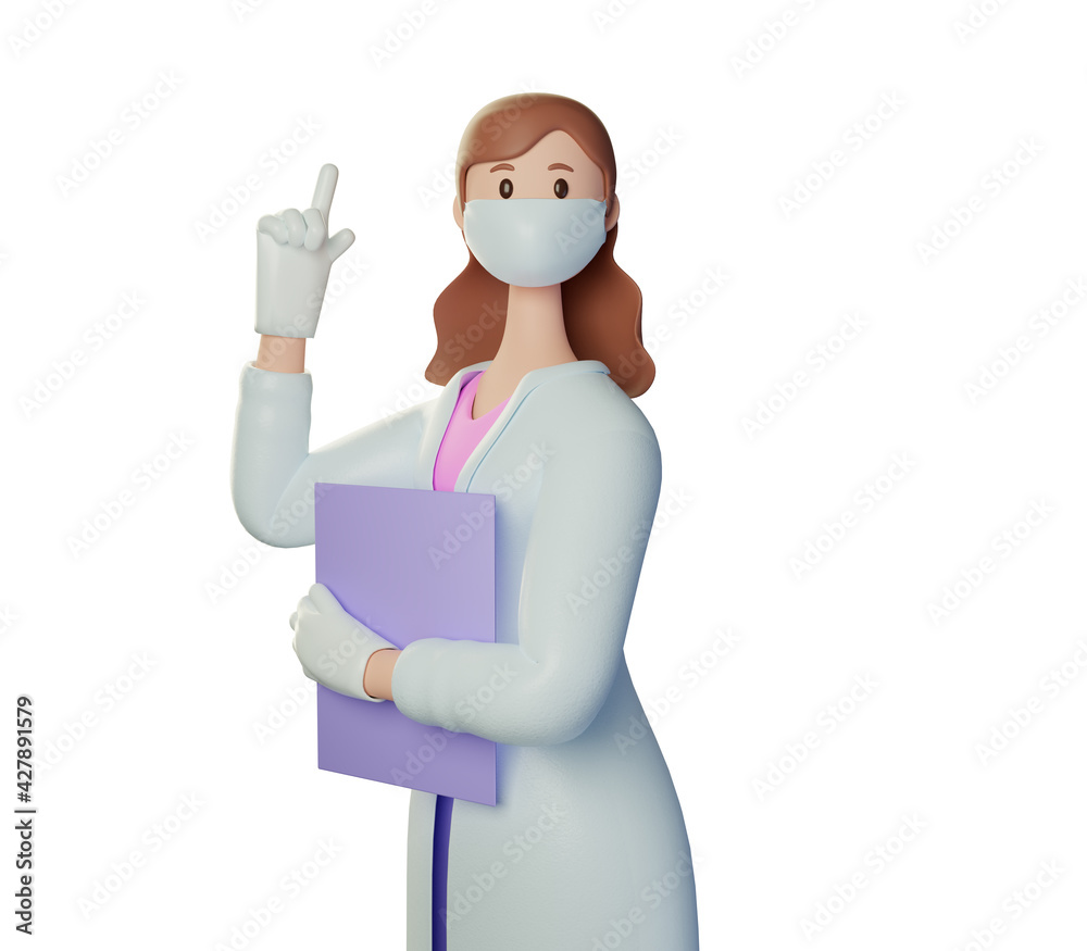 3d render character doctor. Attention. Doctor of medicine woman wearing mask, gloves points up with her finger. medical clip art isolated on white background. 3d illustration