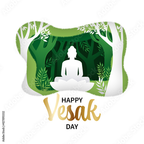 Happy vesak day greeting. Buddha silhouette sitting under the tree paper cutout style vector.