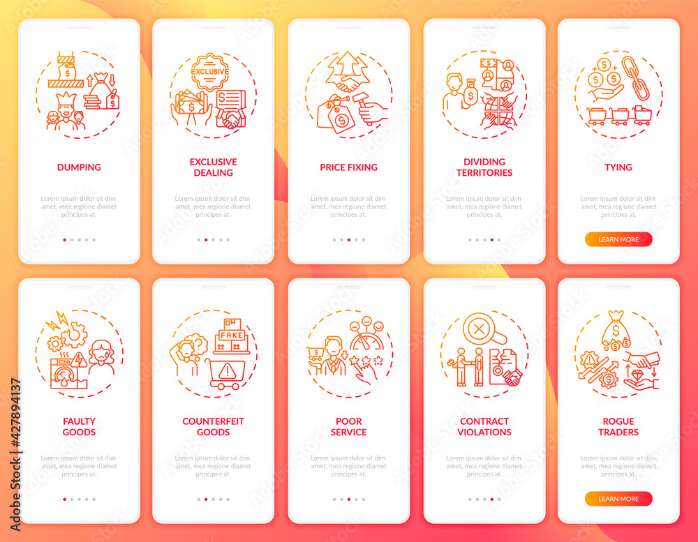 Entrepreneurial activities onboarding mobile app page screen with concepts set. Customer protect walkthrough 5 steps graphic instructions. UI, UX, GUI vector template with linear color illustrations