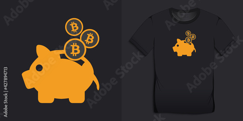 Bitcoin and saving piggy bank,  dark cryptocurrency design for t-shirt vector