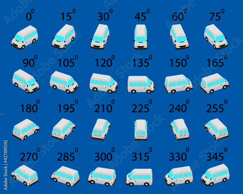 A set of 24 minibus from different angles. Animation of the rotation of a white bus by 15 degrees. 